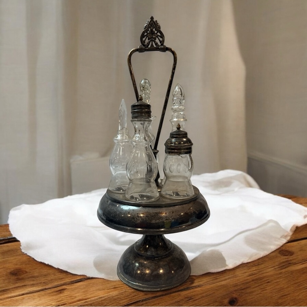 Antique 1800s Silver Cruet Set with Glass Bottles by Pairpoint Mfg. Co